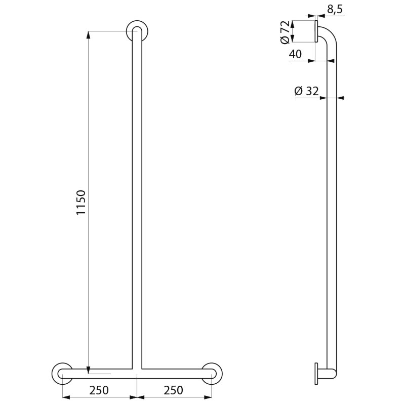 Basic T-shaped shower handrail Ø32 1150x500 w white epoxy