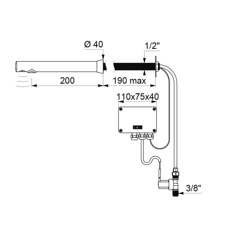 Delabie BINOPTIC c-wall 200 basin tap M3/8 inchspout L25 mains + trans