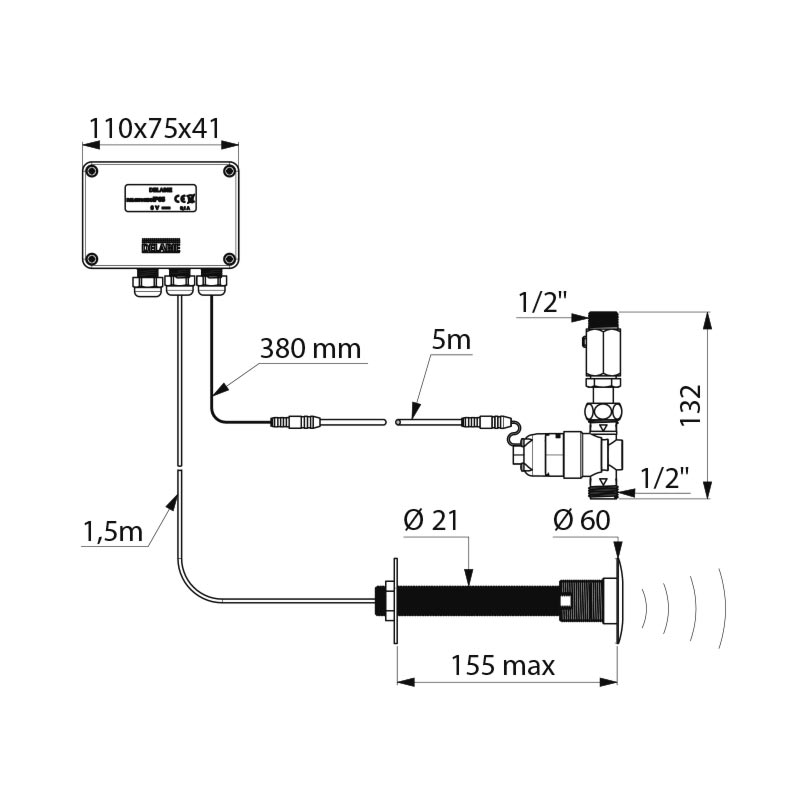Delabie Tempomatic urinal flush valve, cross wall max 155mm battery