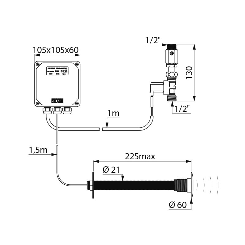 Delabie TEMPOMATIC urinal flush valve mains 12V, C-wall max 225mm