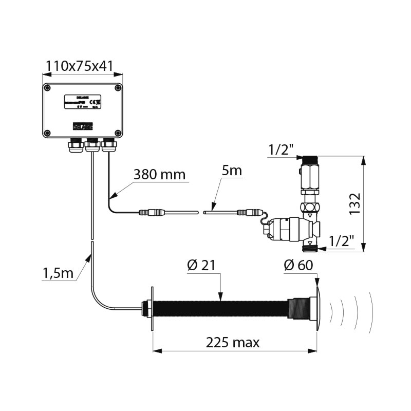 Delabie Tempomatic urinal valve cross wall max 155mm, battery